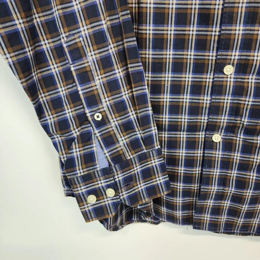Banana Republic Mens Soft Wash Plaid Button Down Shirt Size L Blue Brown Preppy